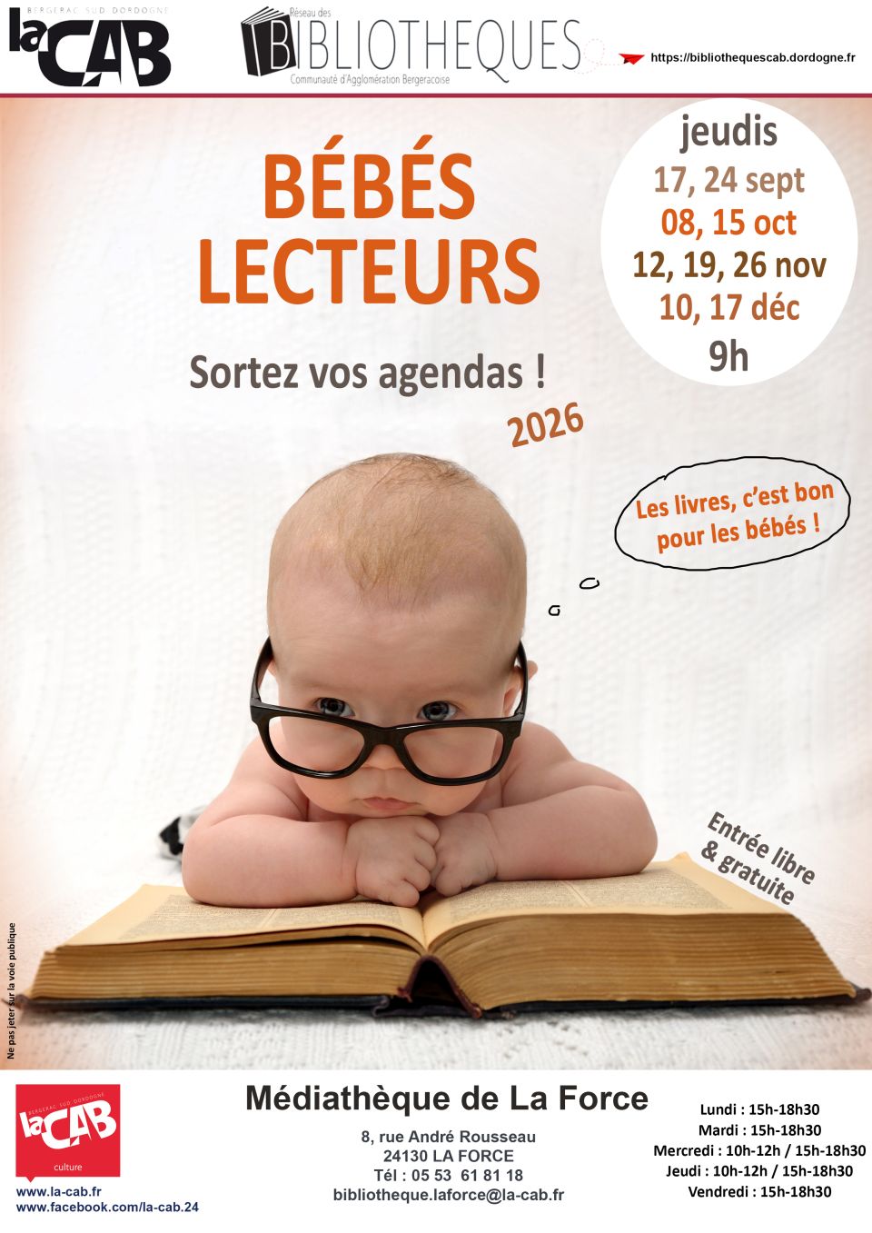 Bébés lecteurs à la médiathèque de La Force les jeudis 08 et 15 octobre, 12,19 et 26 novembre et 10 et 17 décembre 2026 à 9h