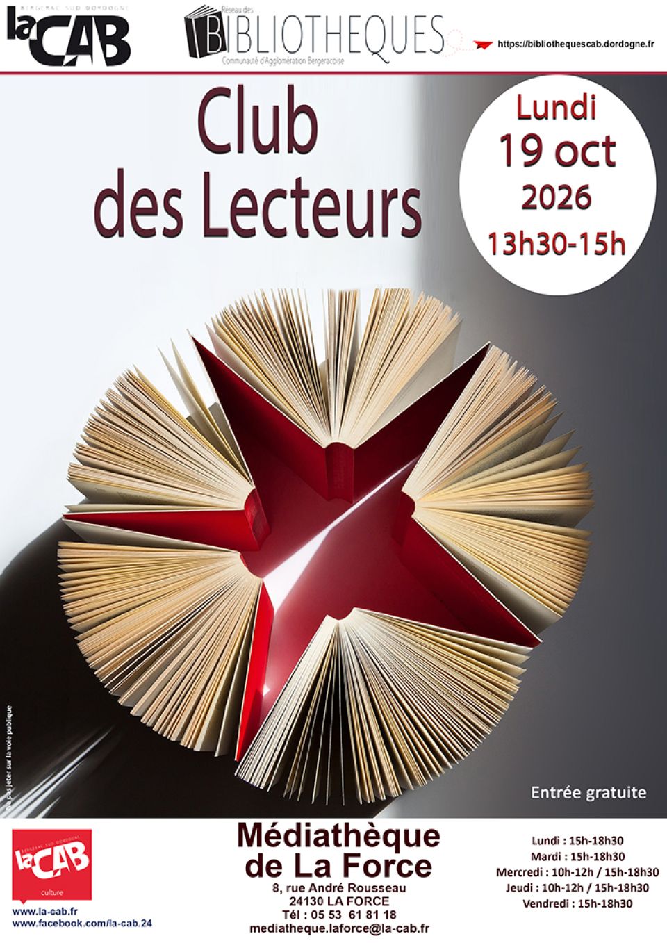 Club des lecteurs à la médiathèque de La Force, lundi 19 octobre 2026 de 13h30 à 15h