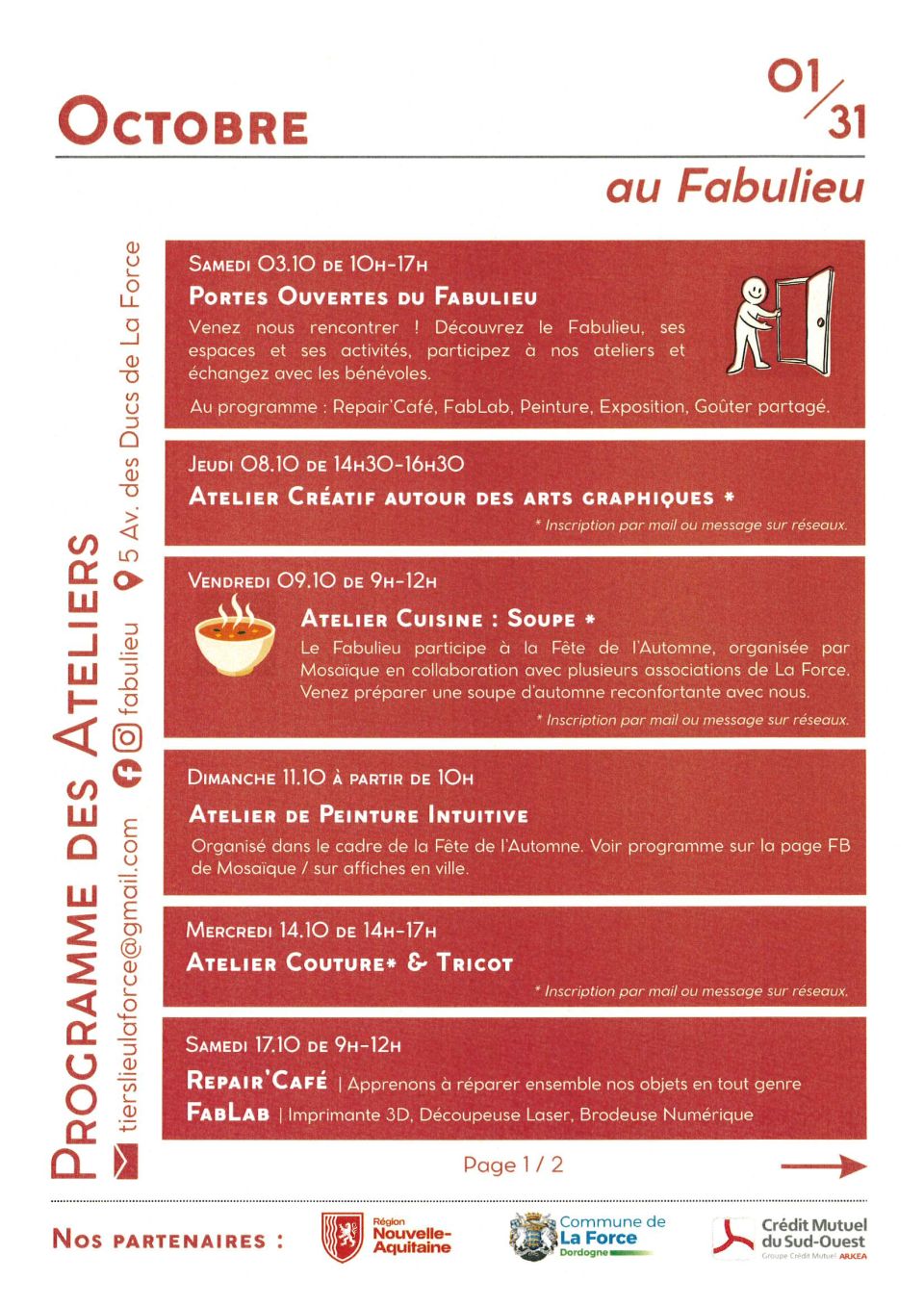 Programme des ateliers au Fabulieu pour le mois d'octobre 2026