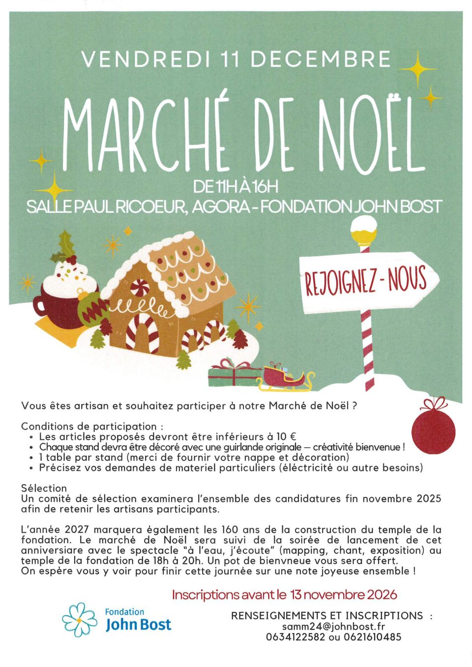 Marché de Noël, Fondation John Bost, Agora - salle Paul Ricœur, vendredi 11 décembre 2026